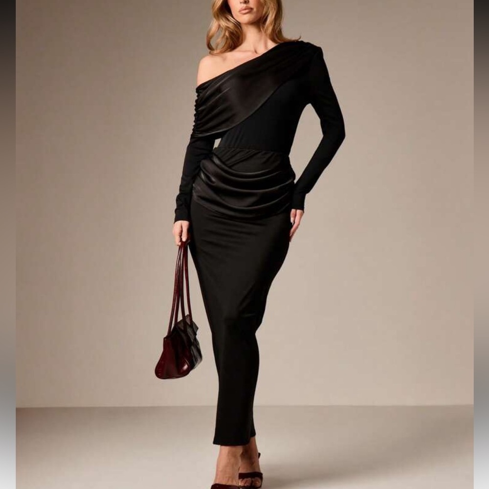 2 piece matching SET Satin draped bodysuit & midi maxi skirt coord (dress look)